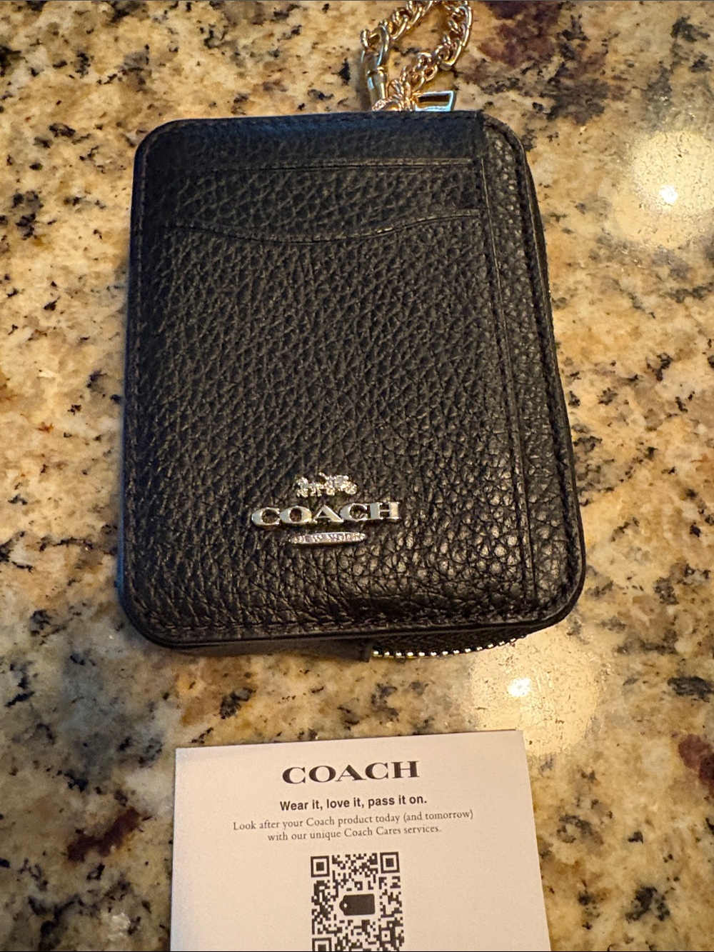Coach Black Pebbled Leather Zip Card Holder with Chain